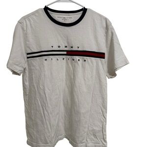 Tommy Hilfiger Mens Medium White Logo Stripe TShirt Vintage Y2K